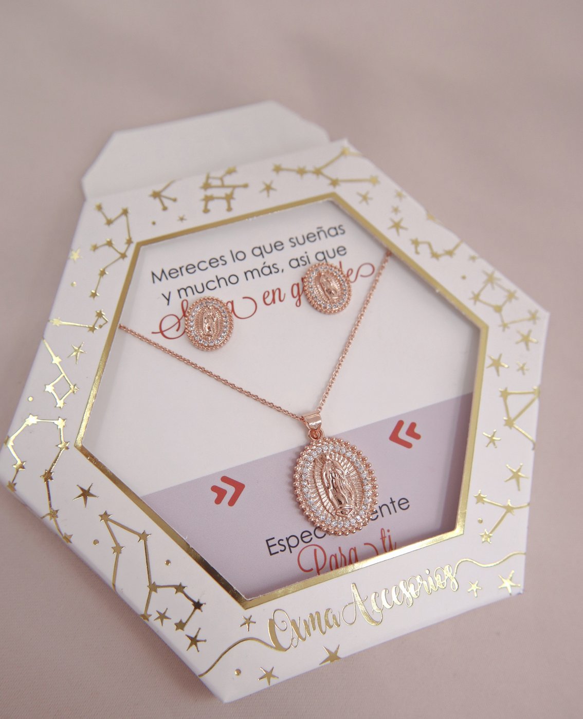 CONJUNTO VIRGEN GUADALUPE ORO ROSA
